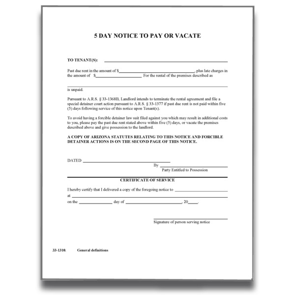 Arizona 5 Day Notice To Pay Or Quit American Landlord