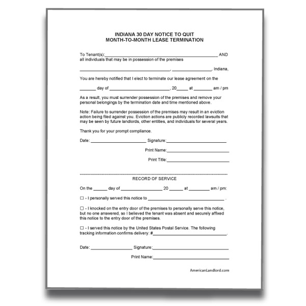 Indiana 30 Day Notice To Quit American Landlord